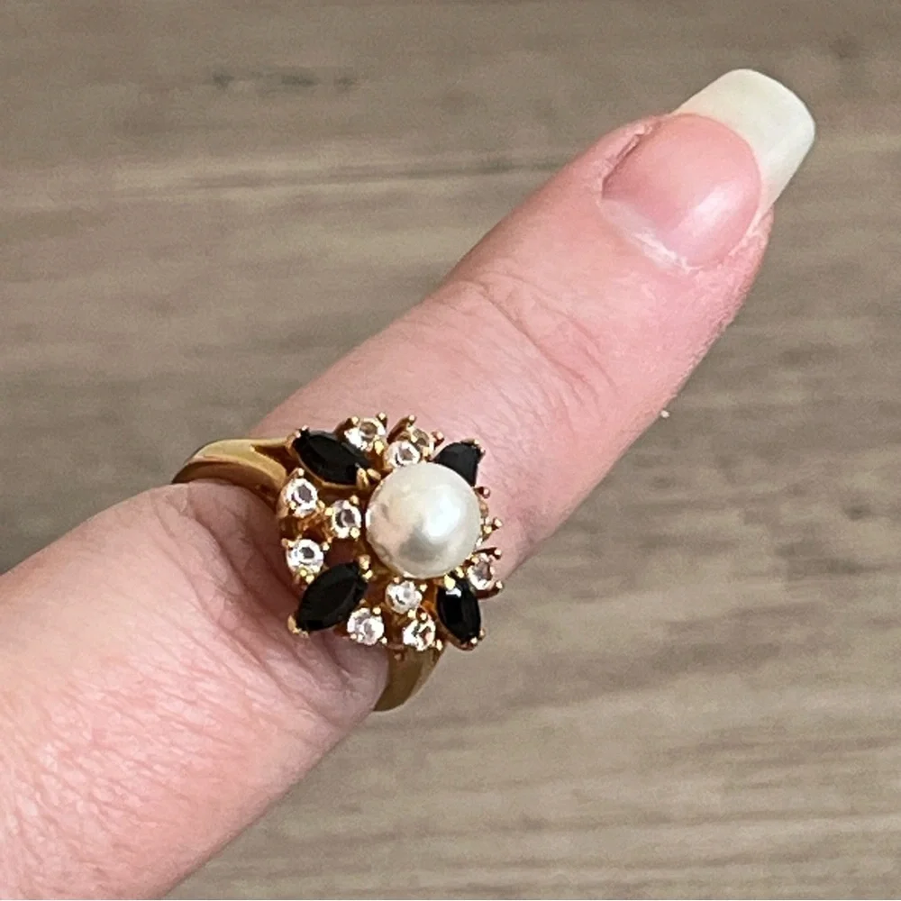 Elegant Pearl, Cubic Zirconia and Black Marquis Multi-Stone Gold Toned Ring